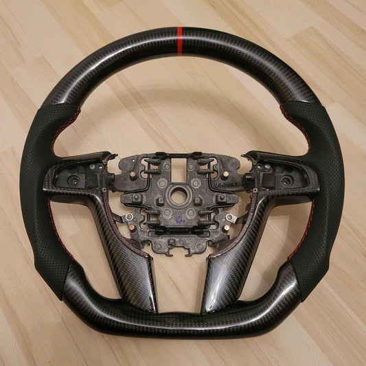 Carbon Fiber Steering Wheel W/Controls (Leather, Red Stitch and Red Stripe)