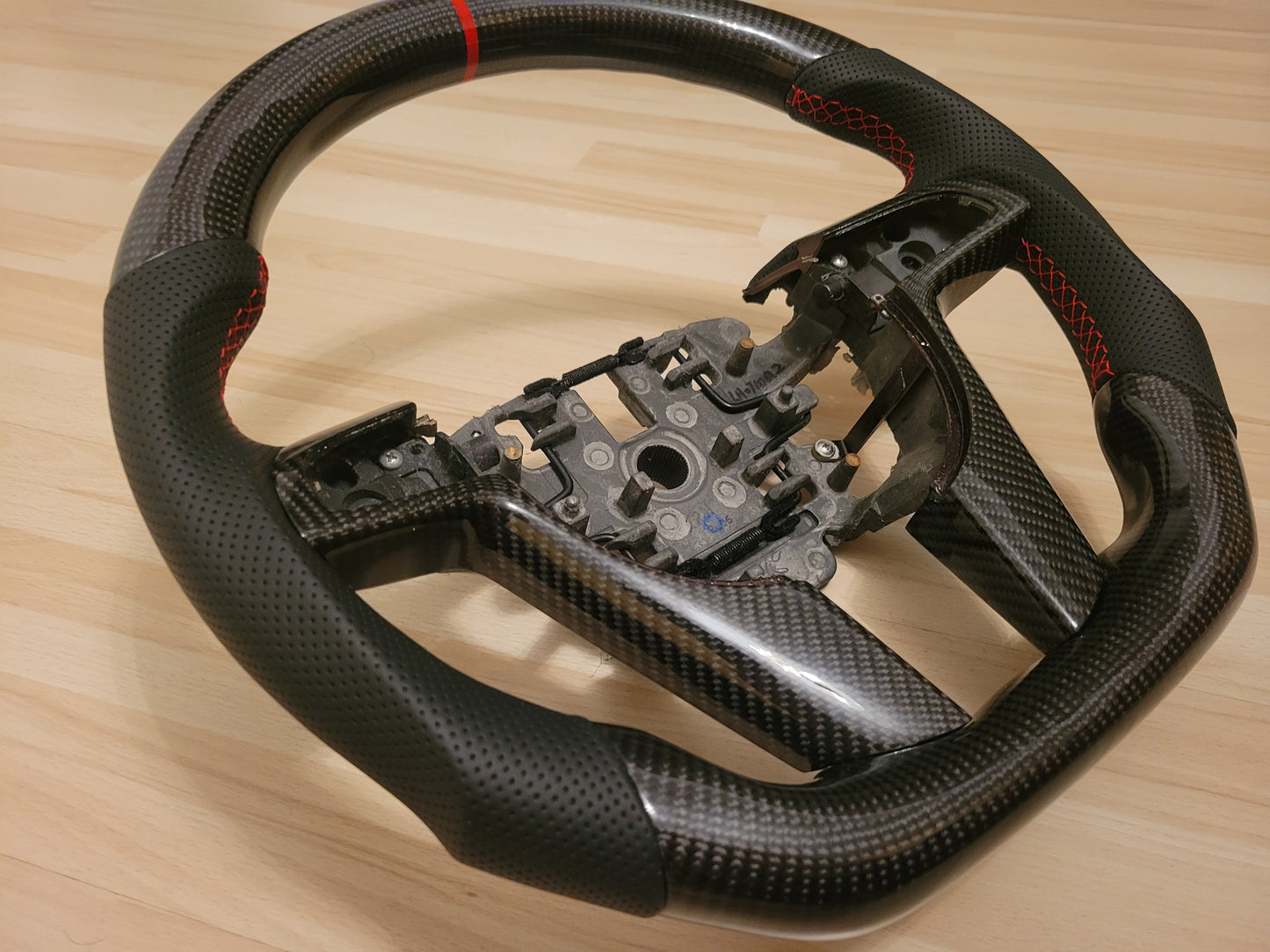 Carbon Fiber Steering Wheel W/Controls (Leather, Red Stitch and Red Stripe)